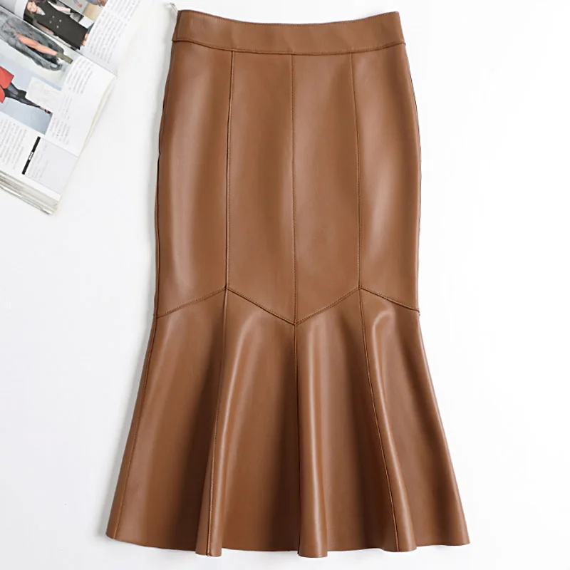 Genuine Leather High Waist Fishtail Skirt Female Orange/Black Patchwork Wrap Jupe Mujer 70 cm Long Mid-Calf