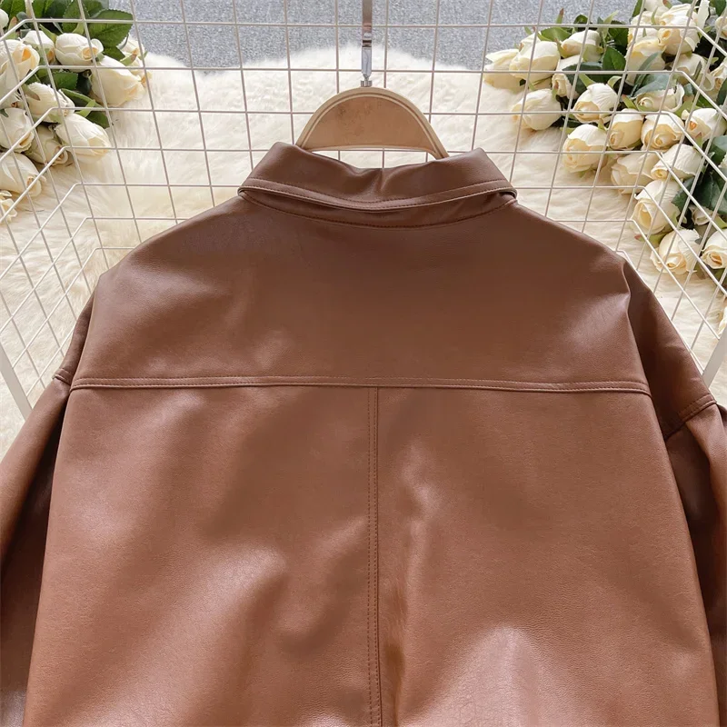 Spring Autumn New Women Korean Loose Big Pocket Faux PU Leather Jacket Coffee Color Lapel Long Sleeve Casual Short Biker Jacket