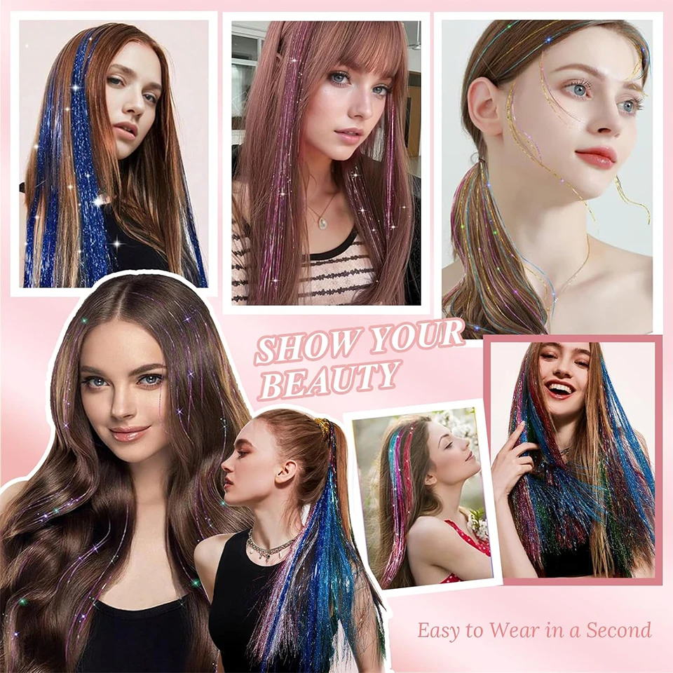 Paquete de 12 tinsel para cabello, accesorios brillantes de colores con clip, extensiones sintéticas 6