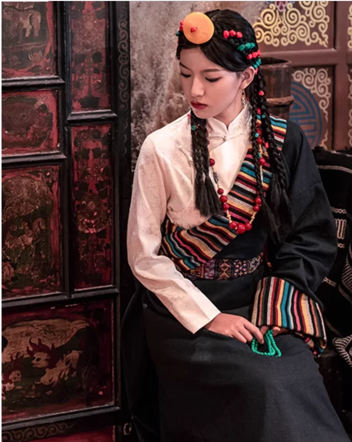 Costume de Scène Tibétain, Robe de Style Minoritaire Féminin, Ensemble de Spectacle de brev