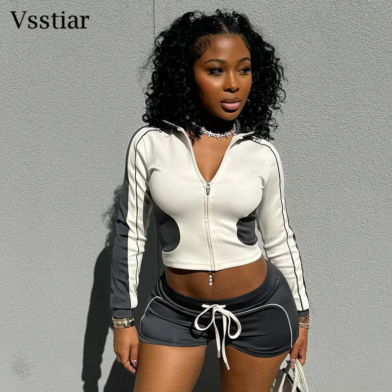 

Vsstiar Fashion Casual Sporty 2 Two Piece Set Women Trend Zip Hipster Patchwork Crop Jacket Shorts Matching Tracksuit Outfits
