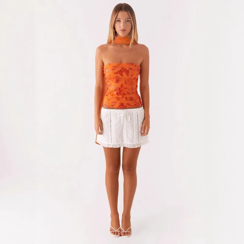Blouse Dress Summer Women's Distinctive Backless Sequin Embroidery Seductive Strapless Cropped New Comfortable Minimalist Casual