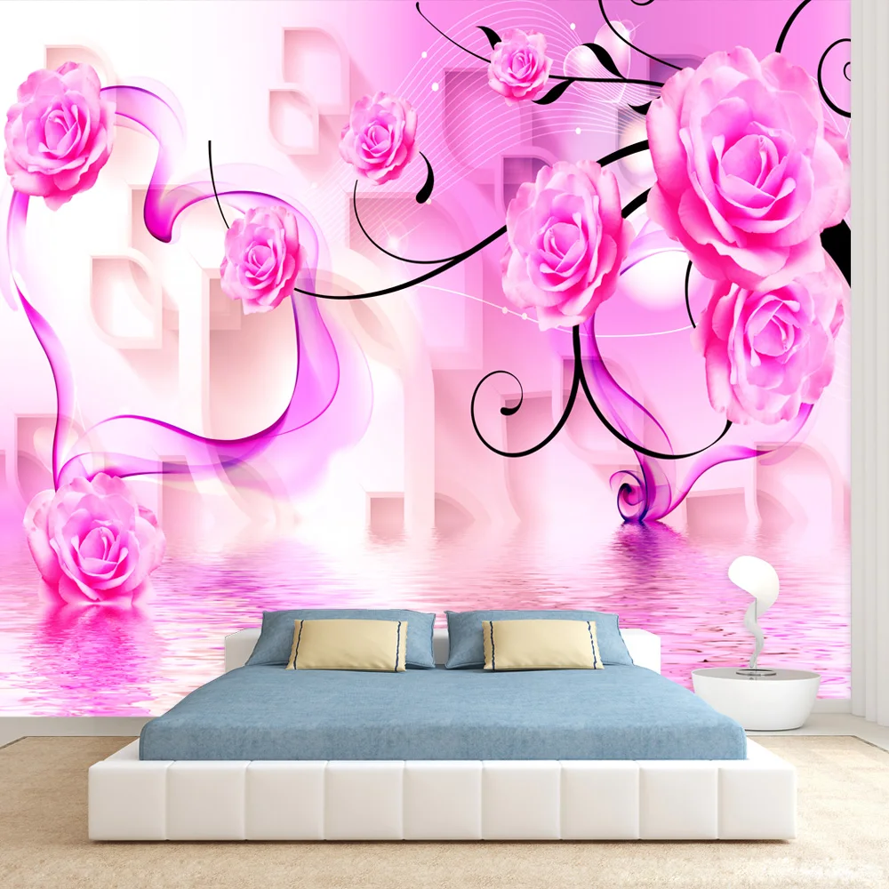 

Custom Self Adhesive Accept Wallpapers for Living Room Flower Pink Rose Blossom Sofa TV Background Wall Design Papers Home Decor