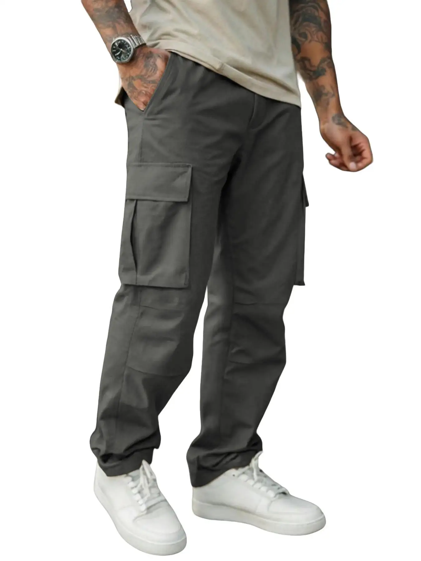 Herren Einfarbige Cargohose Regular Fit Lässige Gerade Hose mit Pattentaschen und Kordelzug für den Alltag – Detail 17