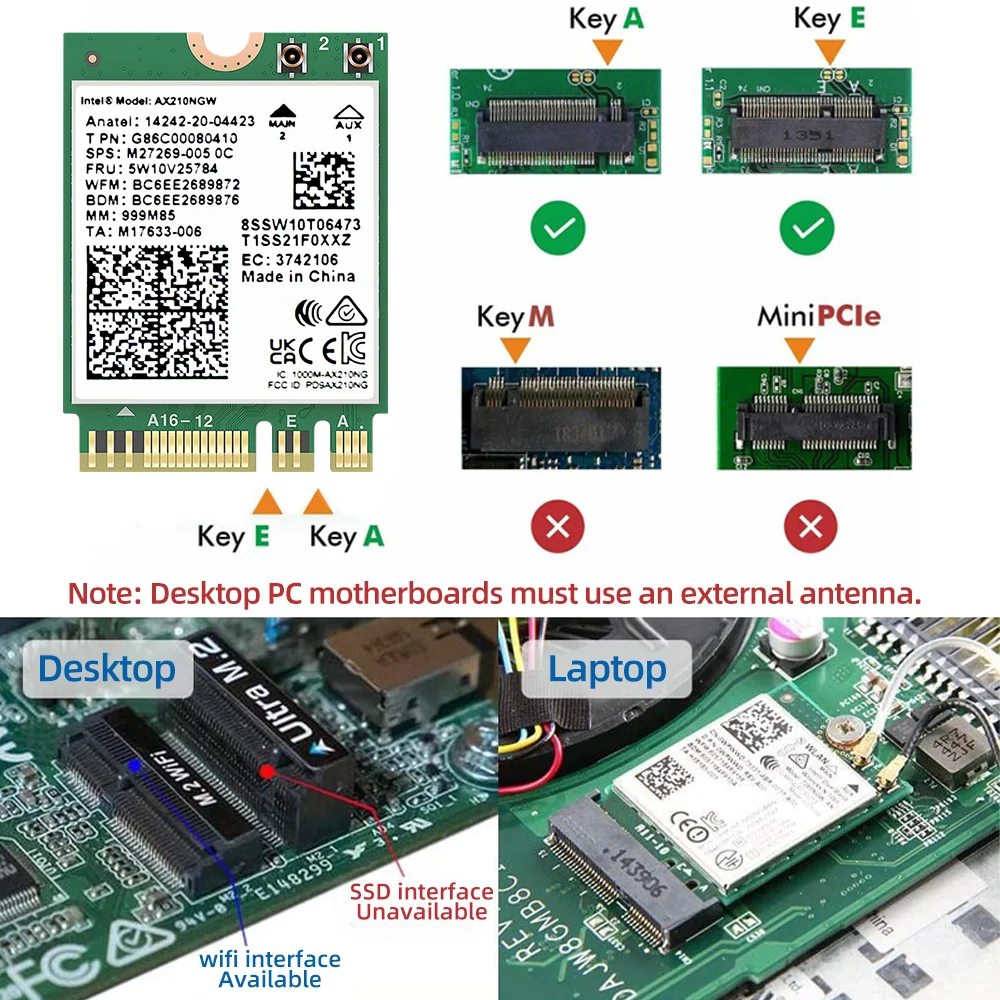 WiFi6E AX210 WiFi Card 2.4G/5G/6GHz Wireless Network Card with Bluetooth 5.3 AX210NGW Wi-Fi Module for Laptop PC M.2 WiFi