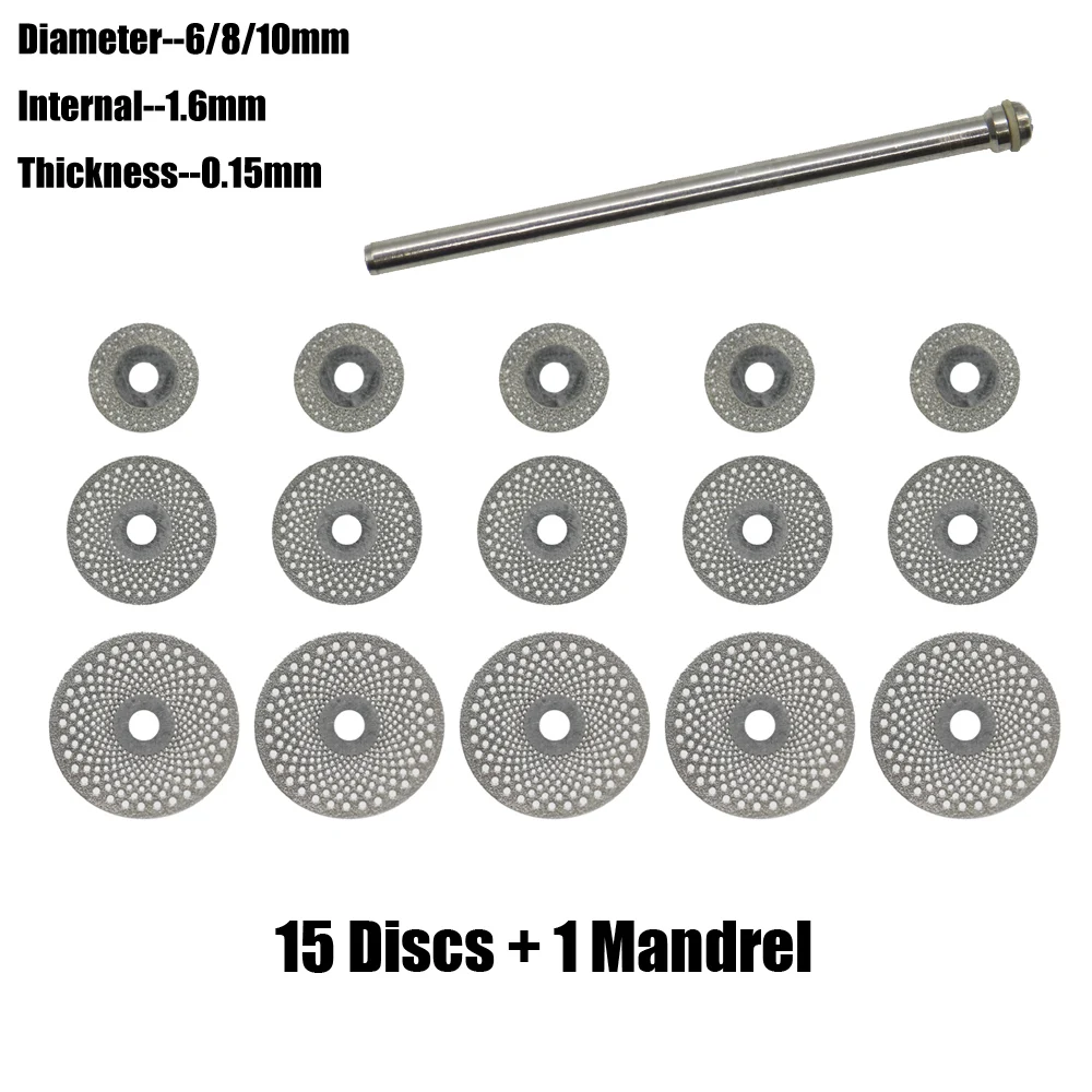 15pcs/lot Mixed Set Micro Ultra-Thin porous Diamond Cutting Disc for Dental Separating Ceramics, Acrylic, Plastic, With Mandrels