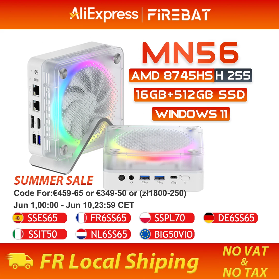Mini PC FIREBAT MN56, AMD Ryzen 7 8745HS H255, DDR5 ROM 16GB/24GB, SSD 512GB/1TB, Computadora de Escritorio, BT 5.2, WIFI6, HDMI, TYPE-C, USB, para Juegos, Windows 11