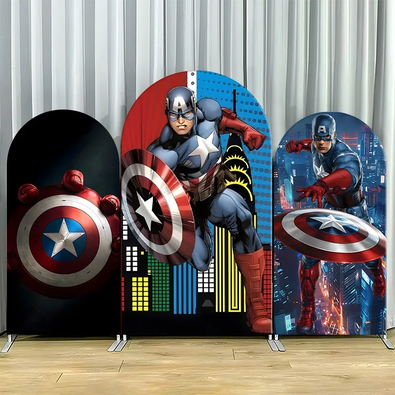 

Arch Backdrop Cover Single Side Captain America Hero Imagery Shield Cityscape Party Decoration Photo Booth Background Props