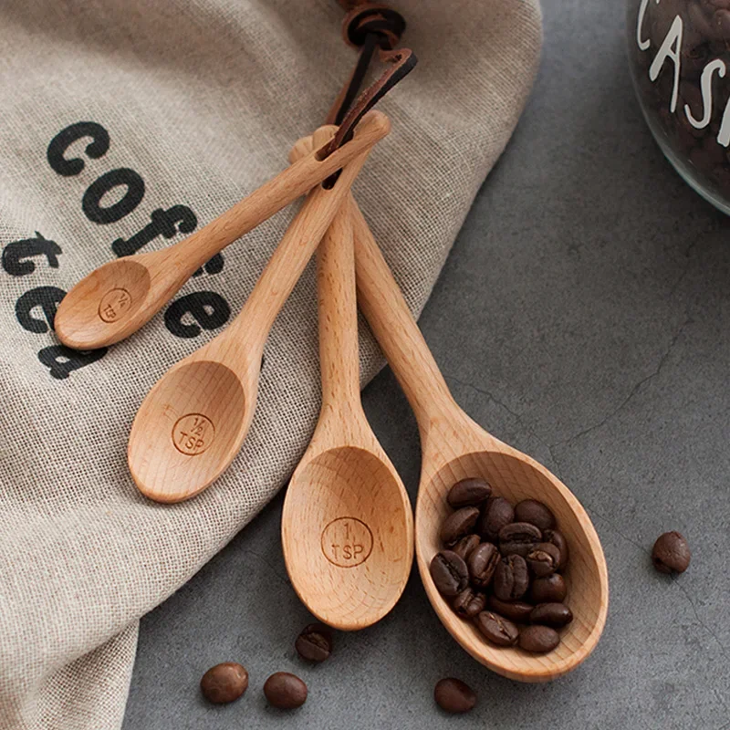 4Pcs Beech Wooden Measuring Spoon Set Coffee Scoop Powder Sugar Spice Spoon Engraved Accurate Measuring Spoons Kitchen Tools