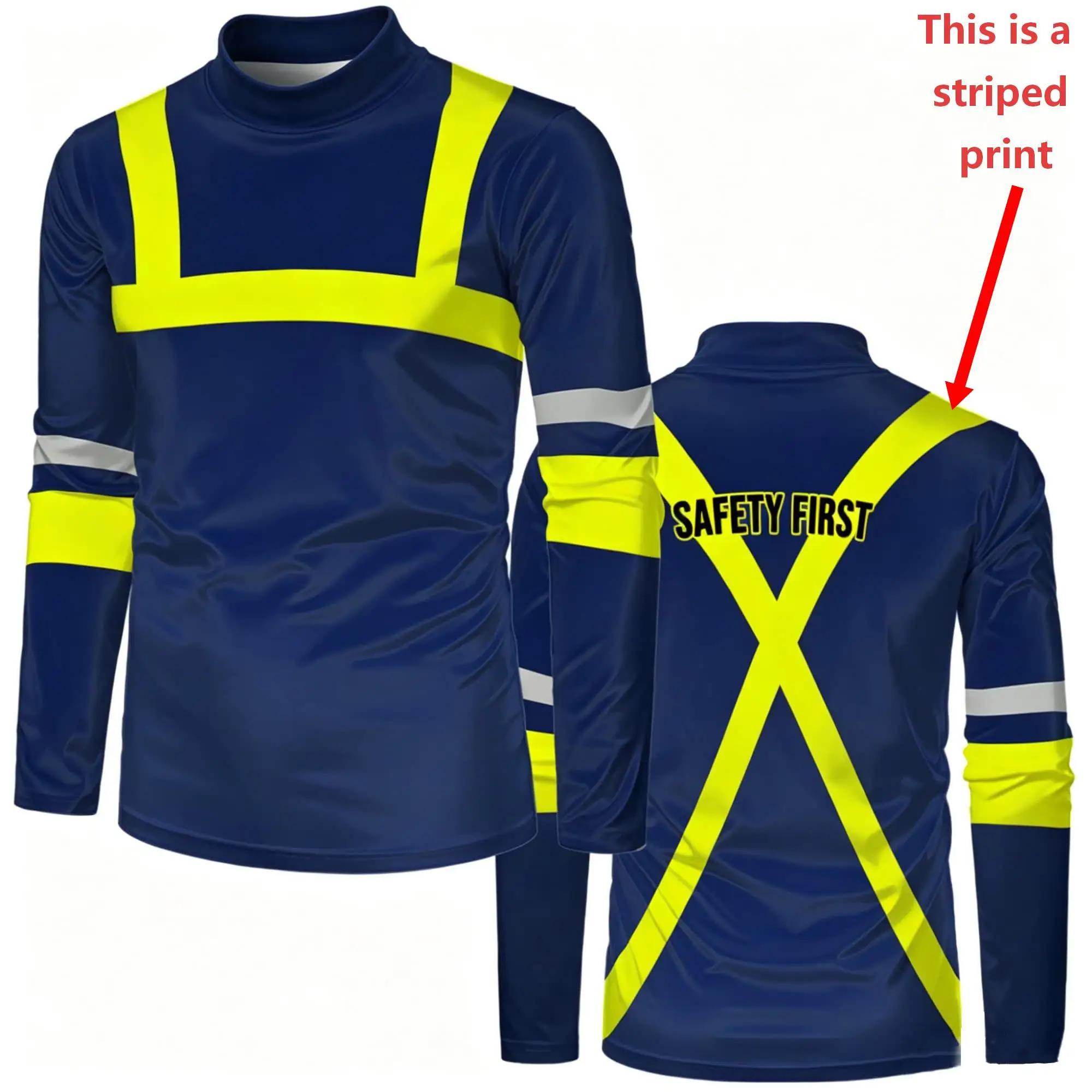 Men Mock Neck Long Sleeve T‑Shirt Fake Safety Work Vest Visual Print Safety First Letter Contrast Stripe Daily Work Casual Tops