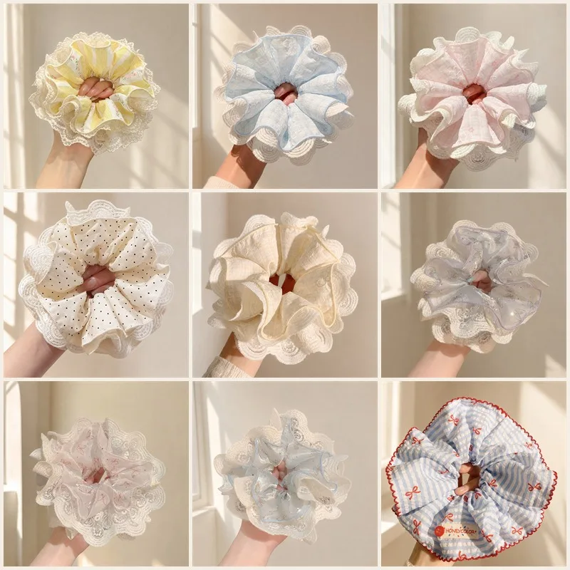 Sweet Dopamine Plaid Floral Lace Scrunchie, Versatile Premium Hair Accessory for Ponytail Updo Hairstyle