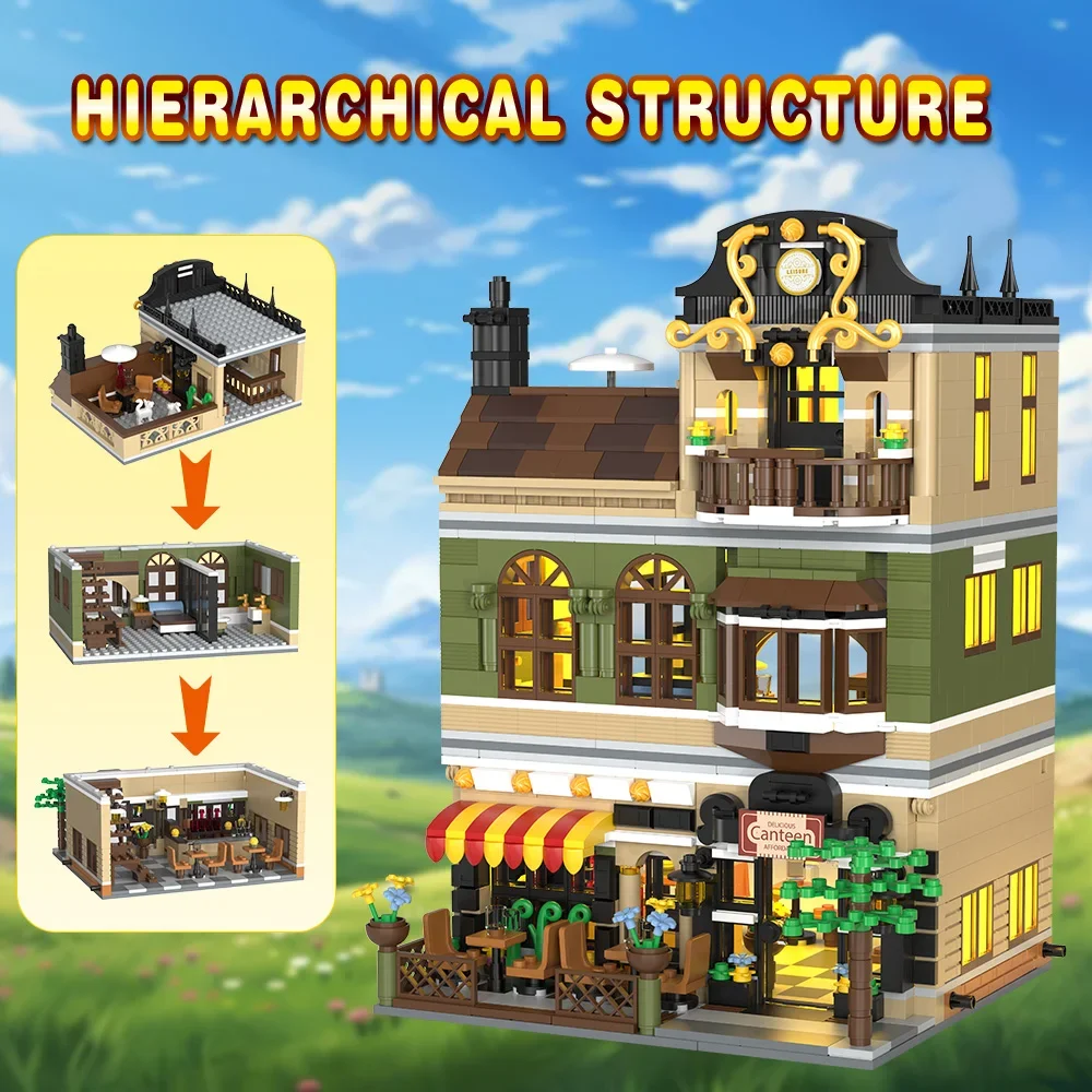 City Restaurant Building Blocks Set with LED, 1230Pcs Mini Brick Architecture Toy for Adults and Teen 14+