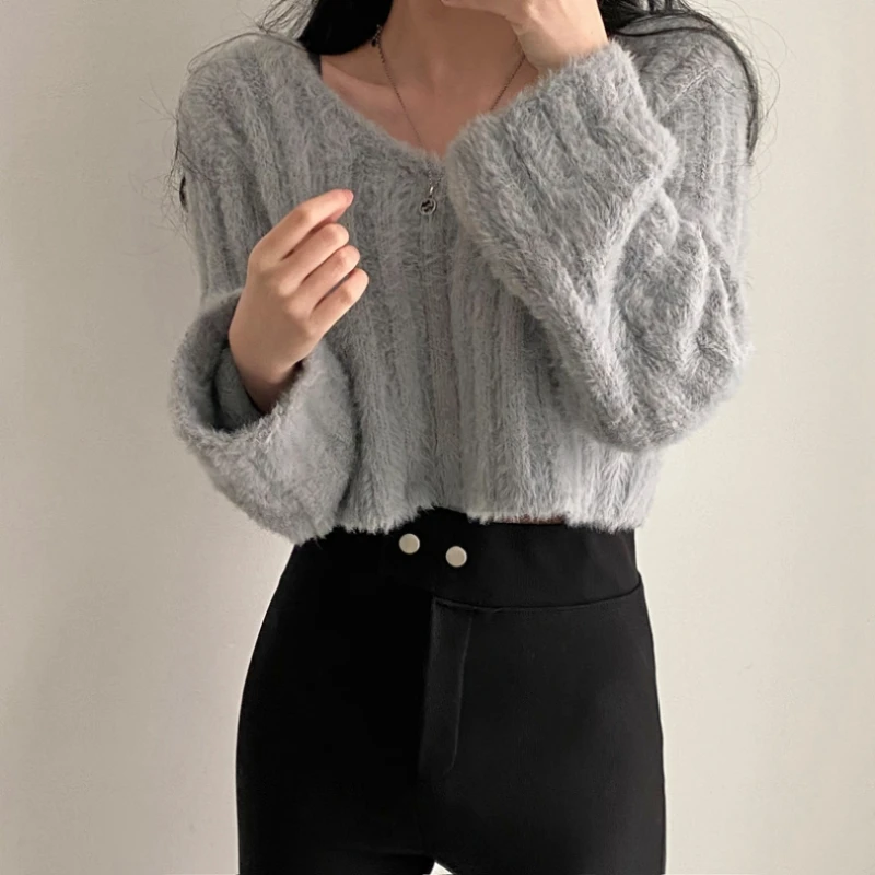 V-neck Short Knit Pullovers Women Fall Winter Korean Casual Loose Long-sleeved Sweater Tops 4 Colors