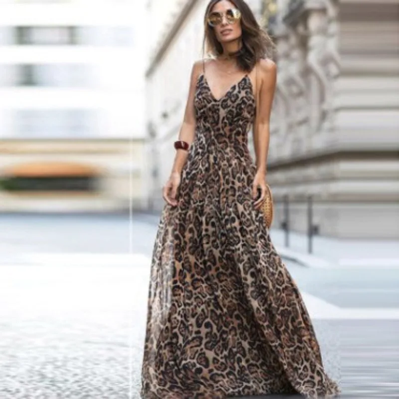 

High Quality European And American Popular Leopard Print V Neck Slip Dress Long Elegant Stylish Trendy Fashion Women Clothing