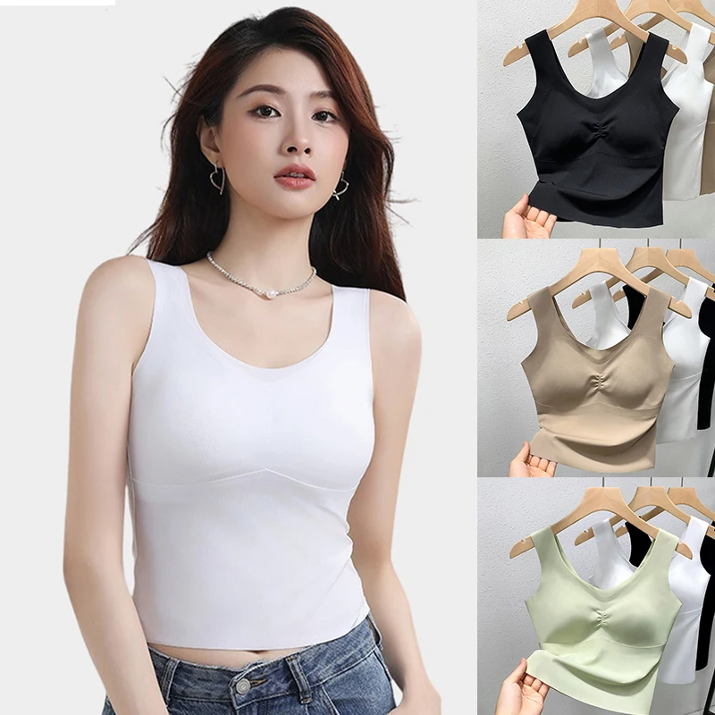 

New Sexy Bra Ice Silk Crop Tops Sports Spaghetti Strap Vest Top Women's Sexy Built in Bra Shoulder Sleeveless Camisole Underwear
