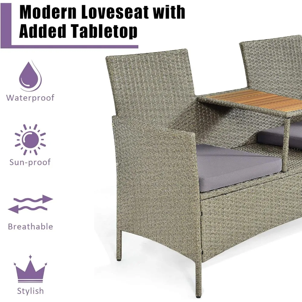 2-Person Patio Rattan Conversation Furniture Set Loveseat Coffee Table