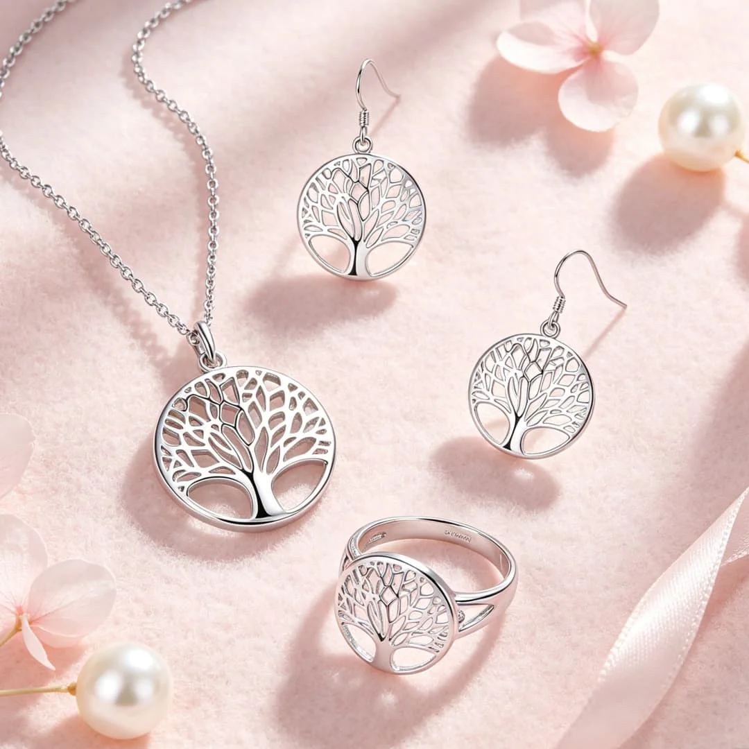 Women's 925 Sterling Silver Tree Ring Necklace & Earrings Set