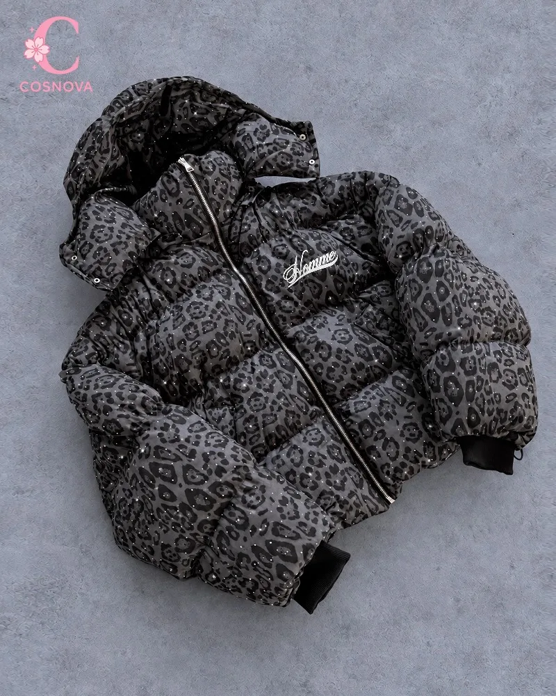 Women's  American Retro Zip Up Outerwear Casual Fashion Leopard Print Parkas Harajuku Winter Padded Jacket Thick Warm Coat