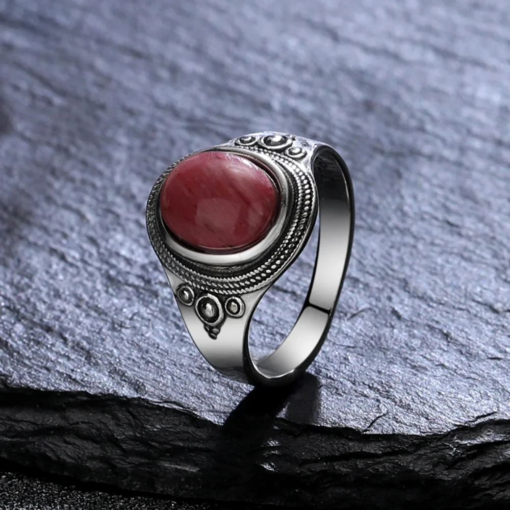 

Natural 8*10MM Rhodochrosite Ring 925 Sterling Silver Rings for Women Tiger's Eye Stone Fine Jewelry Men Party Accessories Gift