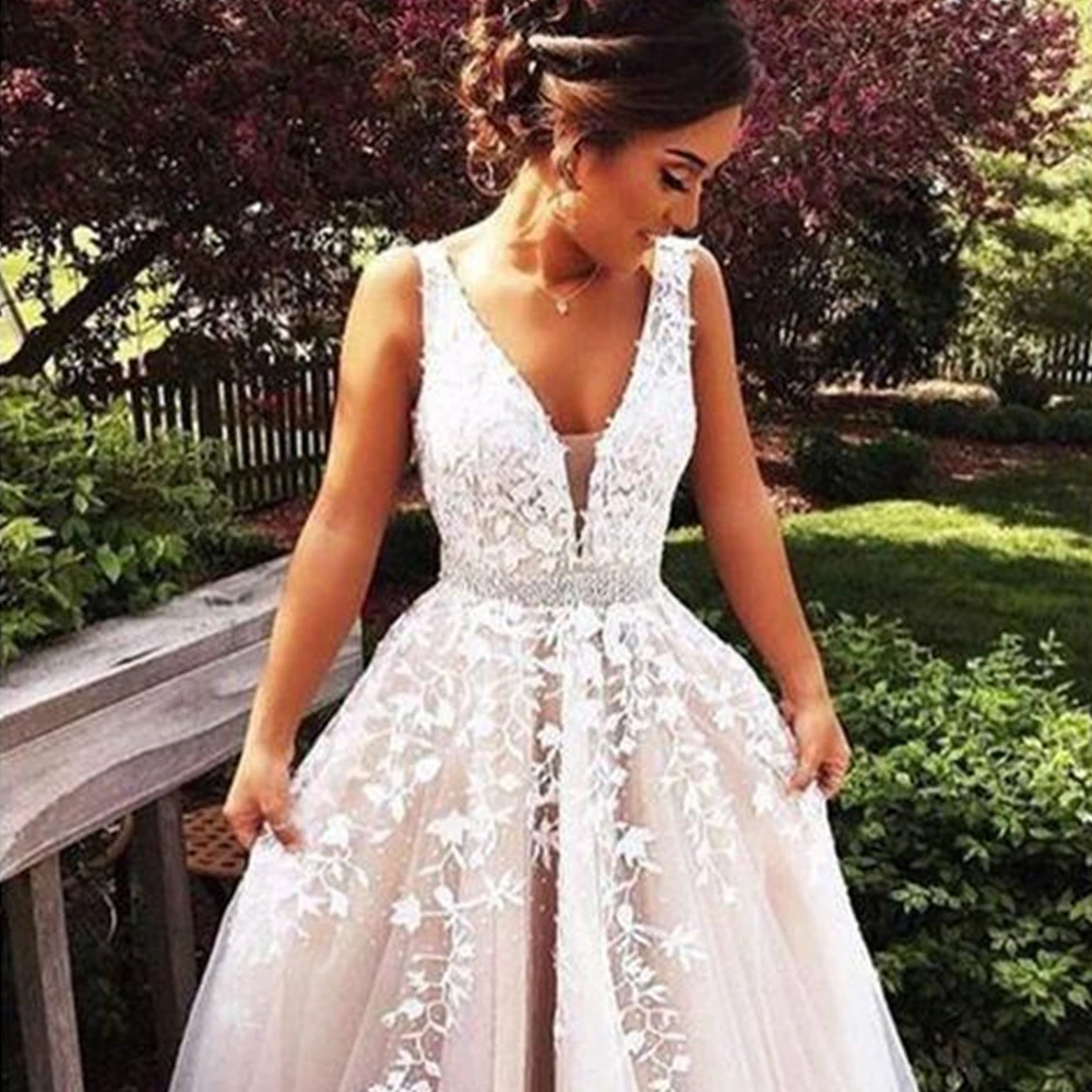 MANRAY Elengant Deep V Neck Lace Applique with Beaded Belt A-Line Prom Dresses Long 2023 Backless Graduation School Party Gown