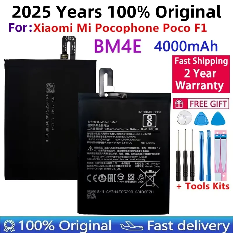 

2025 Years 100% Original Phone Battery BM4E For Xiaomi Mi Pocophone Poco F1 4000mAh Replacement Batteries Free Tools