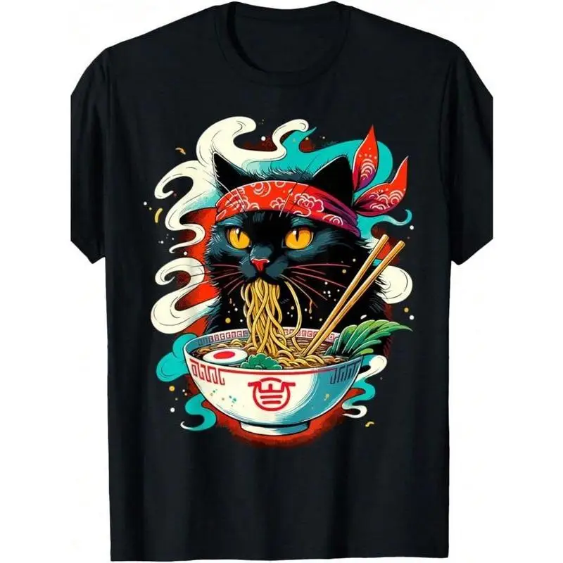 

Women Japanese Cat T-Shirt Ramen Cat Foodie Pet Lover Funny Anime Graphic Tee Streetwear Noodle Japan Culture Casual Top Gift