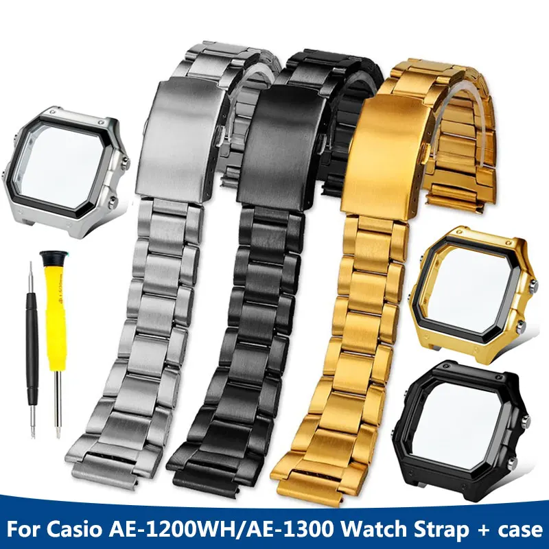 For Casio AE-1200WH/AE-1300 Stainless steel Watch Strap + case 18mm Black Gold Silver Metal High quality glass Case and strap