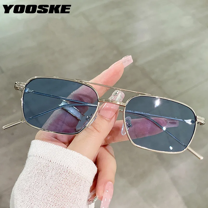 YOOSKE Small Frame Double Beam Sunglasses Women Men Fashion Brand Designer Metal Sqaure Sun Glasses Korean Style Vintage Eyewear