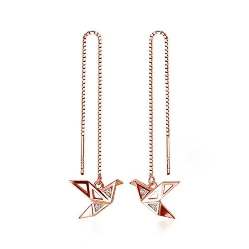 Origami Paper Crane Dangle Drop Earrings Sterling Silver Good Luck Cute Tassel Threader Long Earring Women Jewelry Gifts