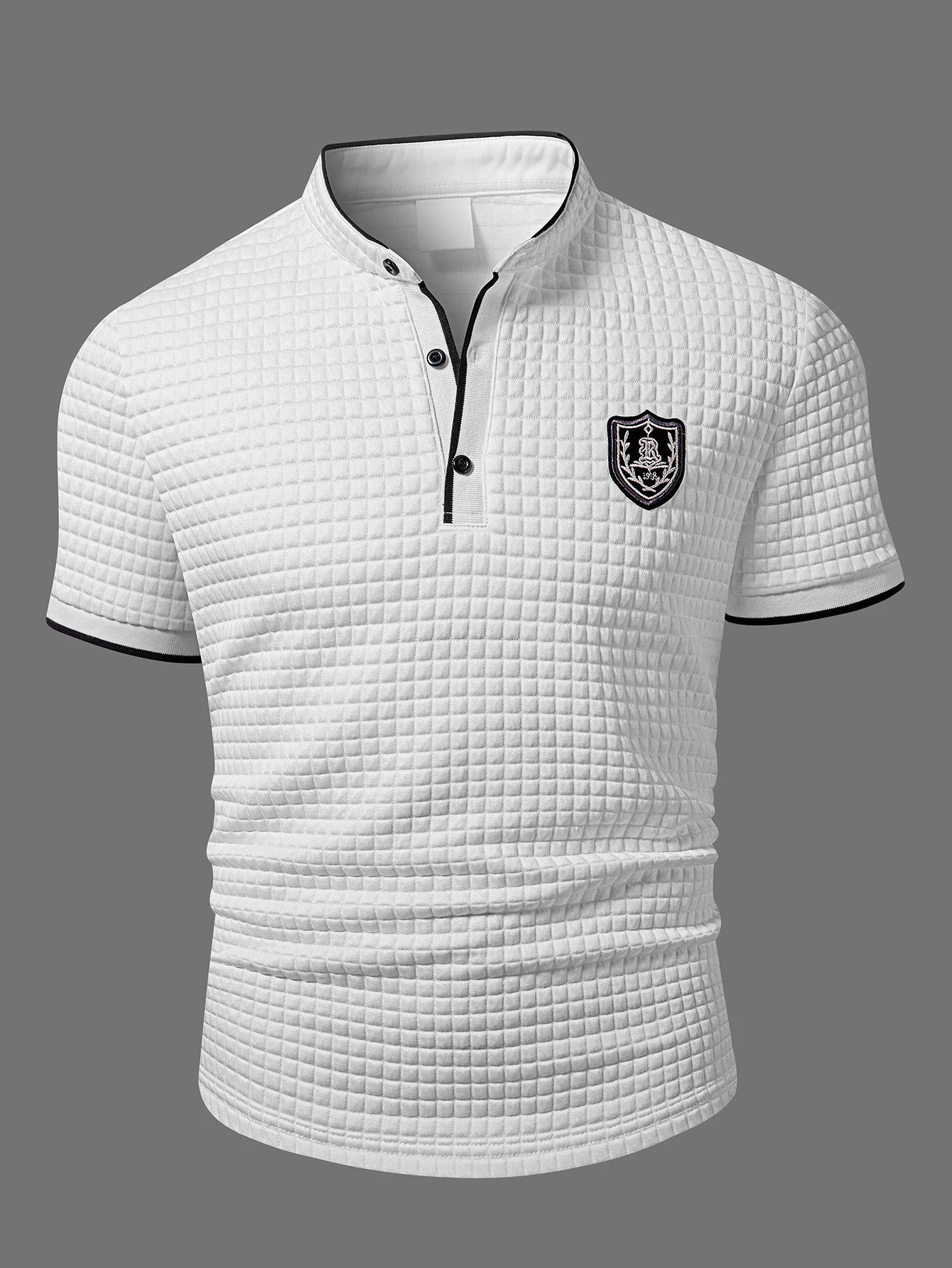 

Мужские топы с короткими рукавами, рубашки на пуговицах с небольшим воротником-стойкой, вышитые микроузоры, текстурированные клетчатые ткани