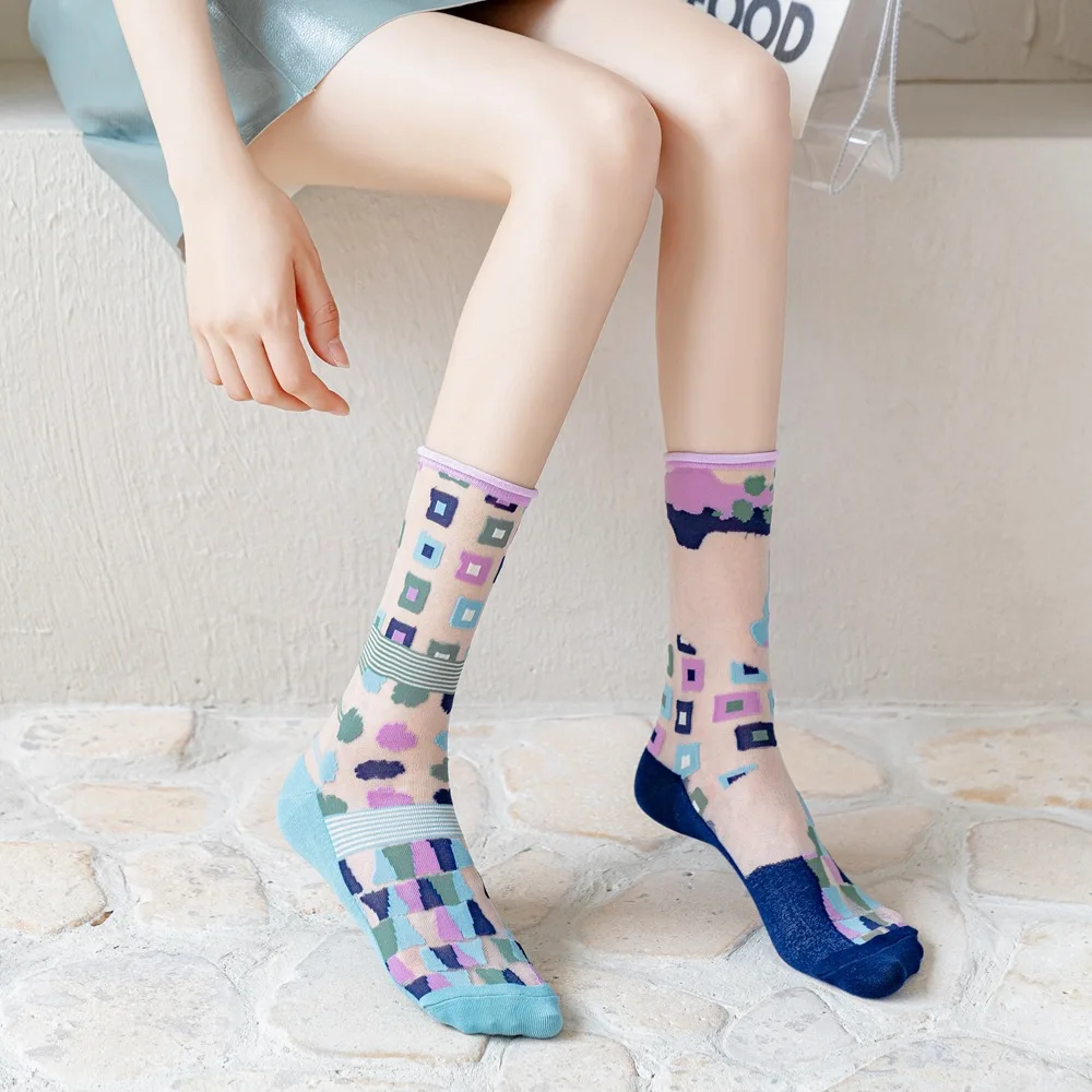 Animal Cartoon Cute Print Ultra-thin Transparent Long Socks New Fashion Woman Socks Novelty Harajuku Summer Crystal Silk Socks