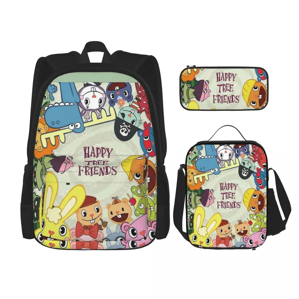 Happy Tree Friends Mochilas para meninos e meninas, Bolsas escolares para estudantes, Mochila dos desenhos animados, Lunch Bag, Pen Bag, 3 Piece Set