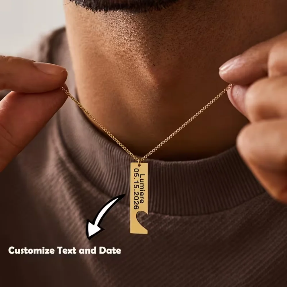 Custom Engraved Bottle Opener Bar Necklace Silver Stainless Steel Rectangular Tag Pendant Personalized Text Date Engraving