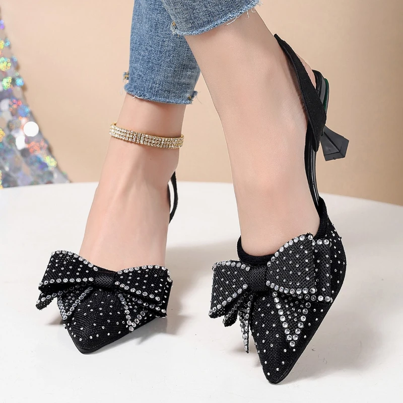High Appearance Level Bao Head Fine Heeled Rhinestone Bow Back Trip Strap Fashion All-match Comfortable Non-slip Sandals Women