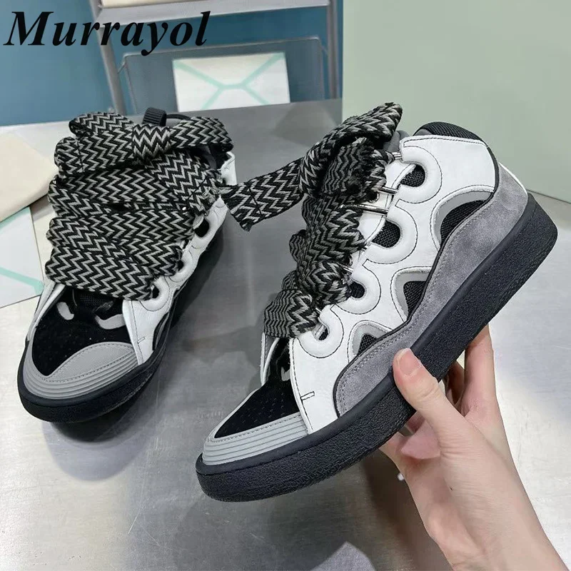 

Genuine Leather Splicing Thick Bottom Flat Shoes Lace Up Big Tongue Casual Shoes Four Seasons Sneaker Unisex Walking Shoes