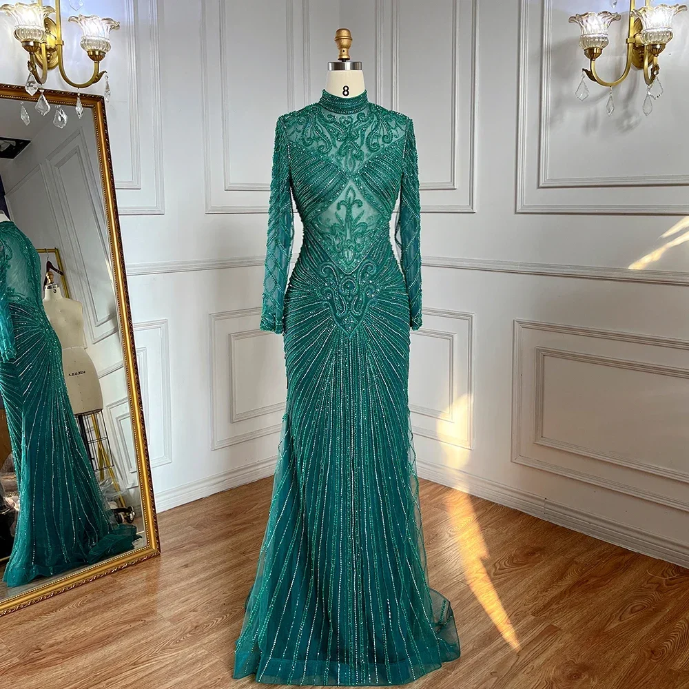 Serene Hill Green High Neck Long Sleeves Muslim Mermaid Evening Dresses Beaded Party Gowns For Women DLA71776 Customized