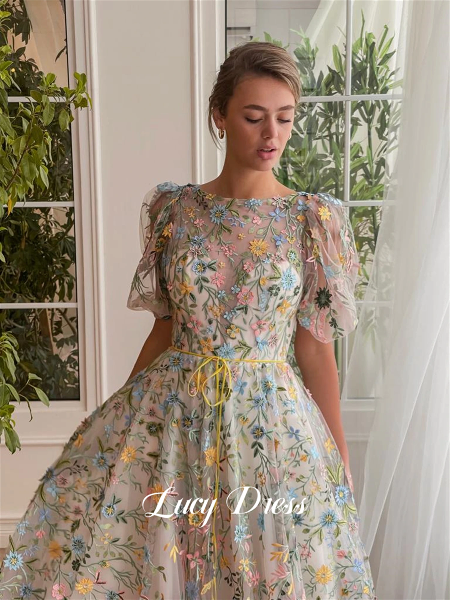 Lucy Line A Floral Embroidery Fabric Coming of Age Dress Graduation Gown Prom Dresses Women's Elegant Clothes Formal Customized