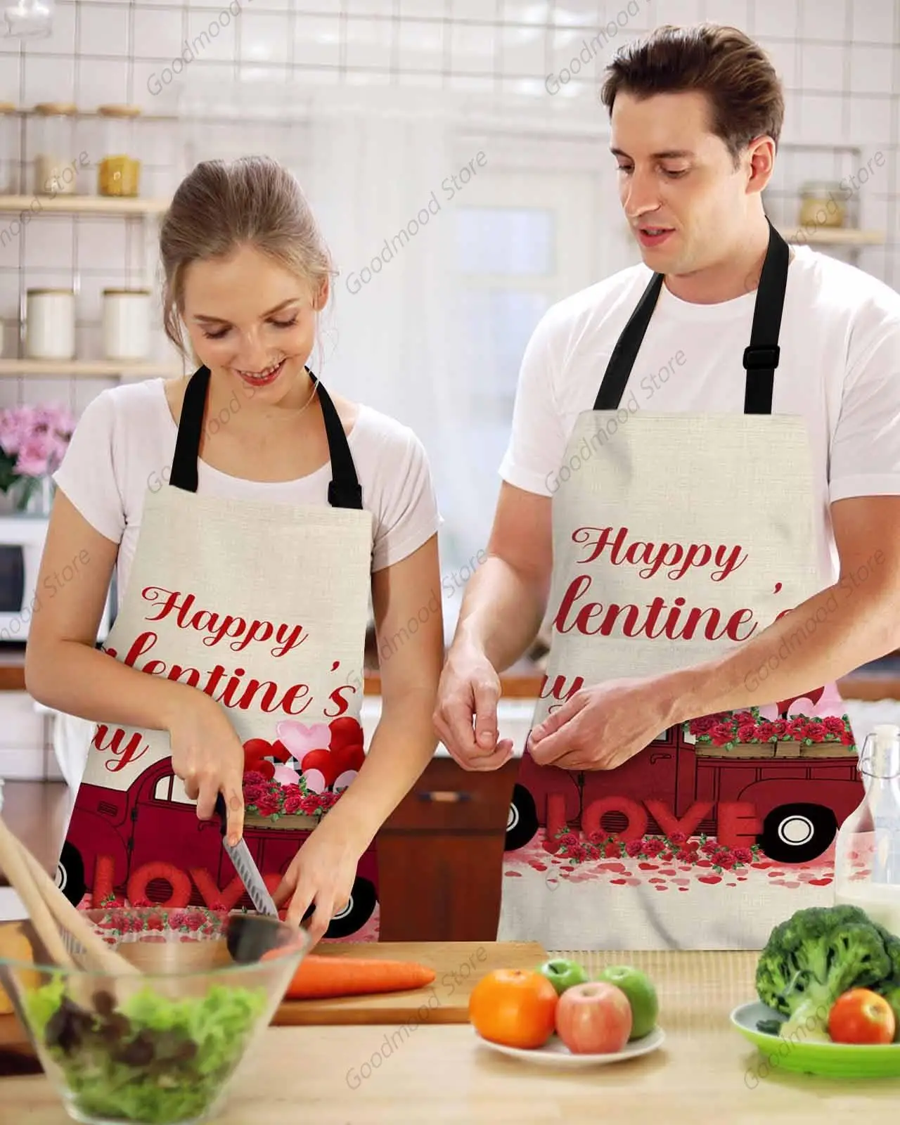 Waterproof Apron with 2 Pockets, Valentine's Day Truck Rose Heart Balloon Adjustable Kitchen for Baking Cooking Restaurant BBQ