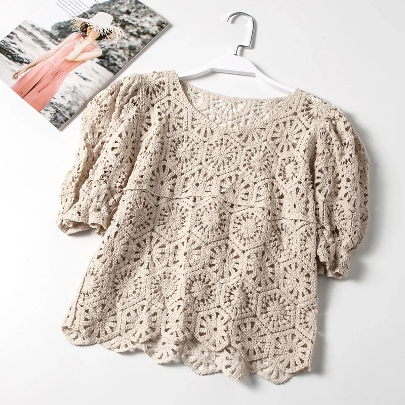 Crochet Lace Top Puff Sleeve Hollow-out Openwork Knit Top Blouse Shirt Women Spring Summer Boho Vacation Vintage Cottagecore view 6