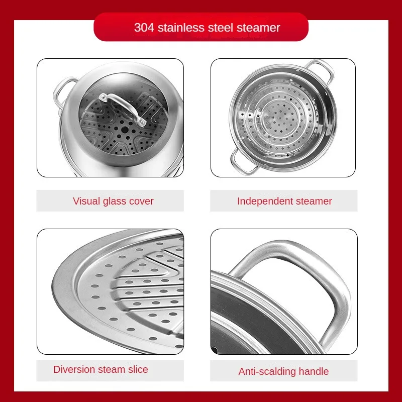 304 Stainless Steel Large Household Multilayer Steamer Three-Tier Double Bottom Pot for Induction Cooker Gas for Steaming Buns