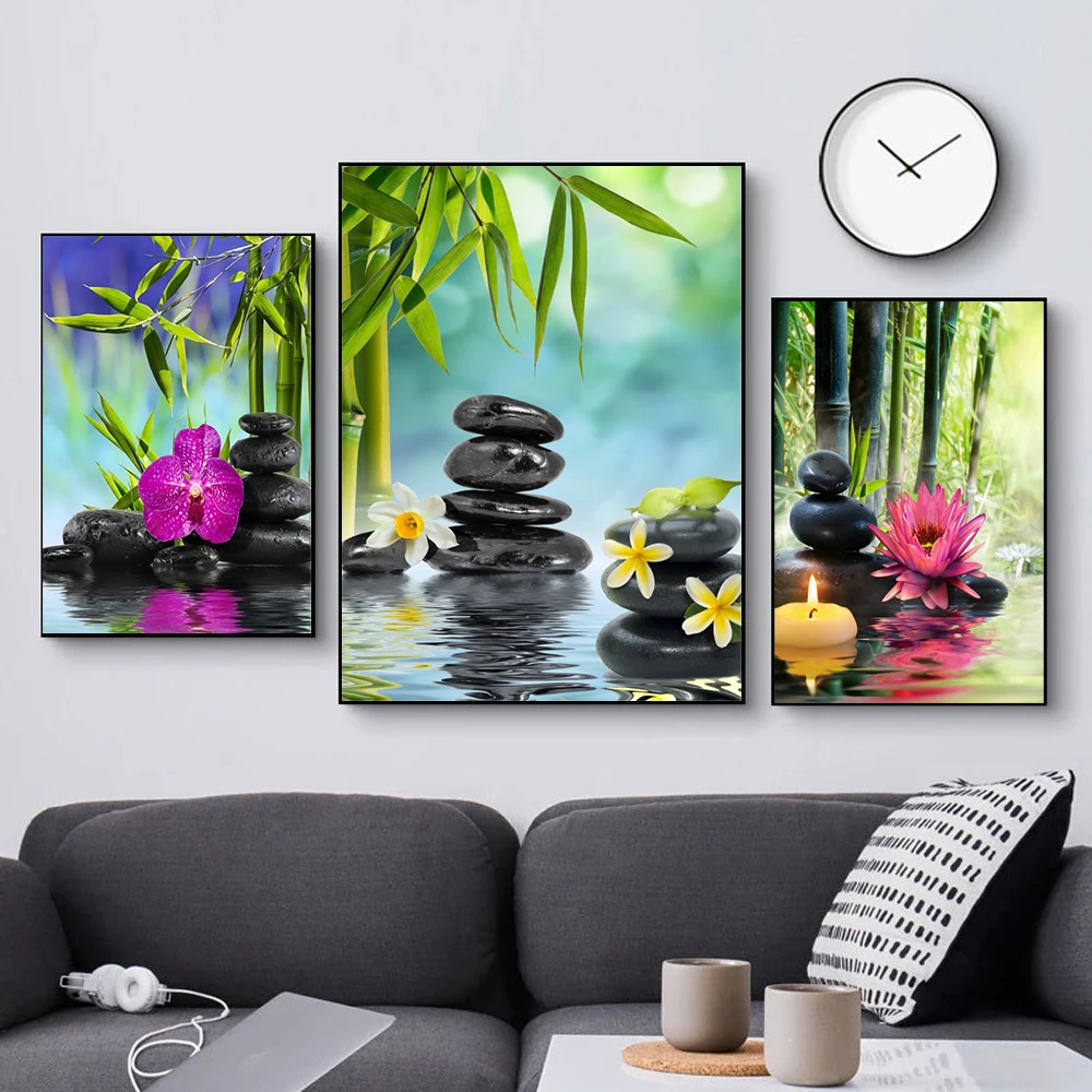 Large Bamboo Spa Stones Zen Canvas Painting Candles Orchid Flower Poster Prints Wall Pictures for Bathroom Decor Home Decor