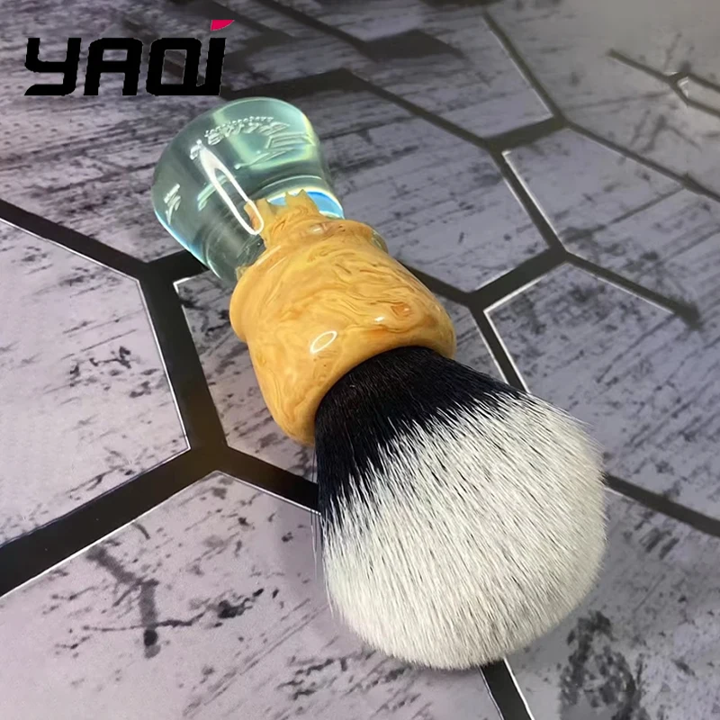 YAQI Shaving Brush for Men Soft Dense Bristles Wood Grain Resin Transparent Green Base Unique Two-Tone Wet Shaving