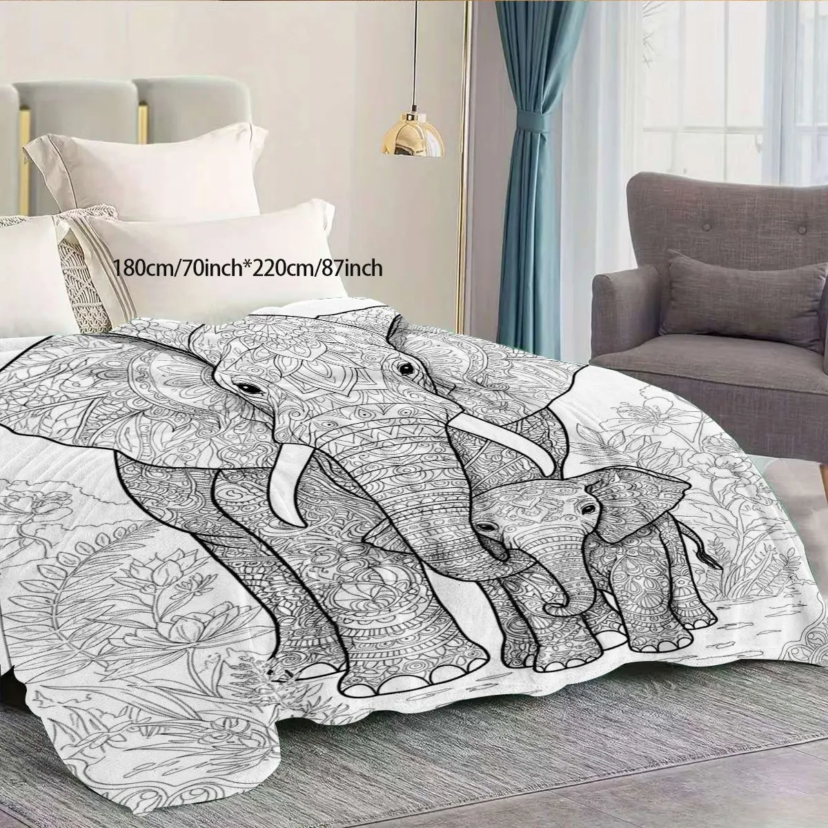 1pc, Mandala Style Indian Elephant Parent-Child Pattern Flannel Blanket, Black and White Line Art Print Warm Throw Blanket, Adul