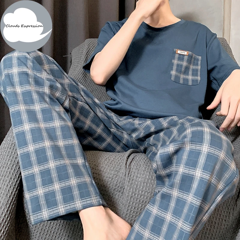 Summer Knitted Plaid Cool Mens Pyjamas Pajamas Casual Short Tops +Long Pants Sets Men\'s Sleepwear Nightwear Pijamas 4XL Homewea