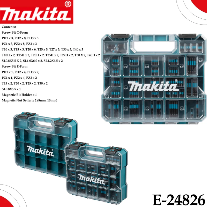 Makita E-24826 100Pcs Impact Screwdriver Bit Set C&E Form Assorted PH PZ Torx Hex Bits With Portable Organizer Storage Case