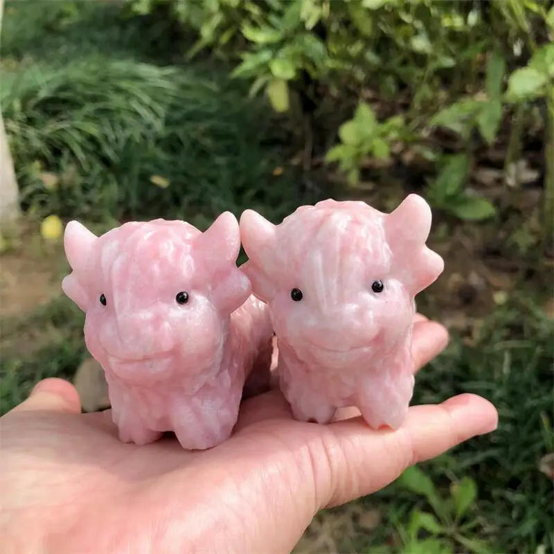 Natural Pink Opal Highland Yak Carving Cartoon Stones Healing Polished Mineral Ornaments Home Decoration 1PCS