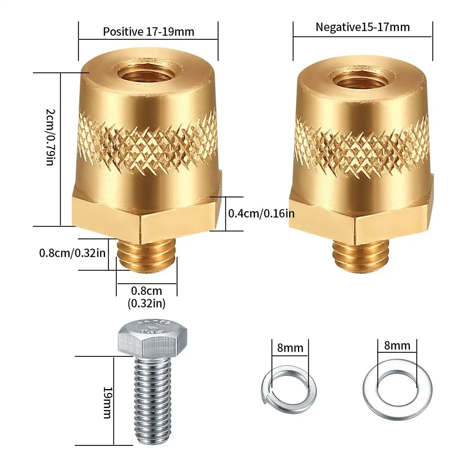 1 Pair Automotive Battery Terminal Post Converters Knurled M8 Threaded to SAE/JIS Tapered Posts Positive & Negative