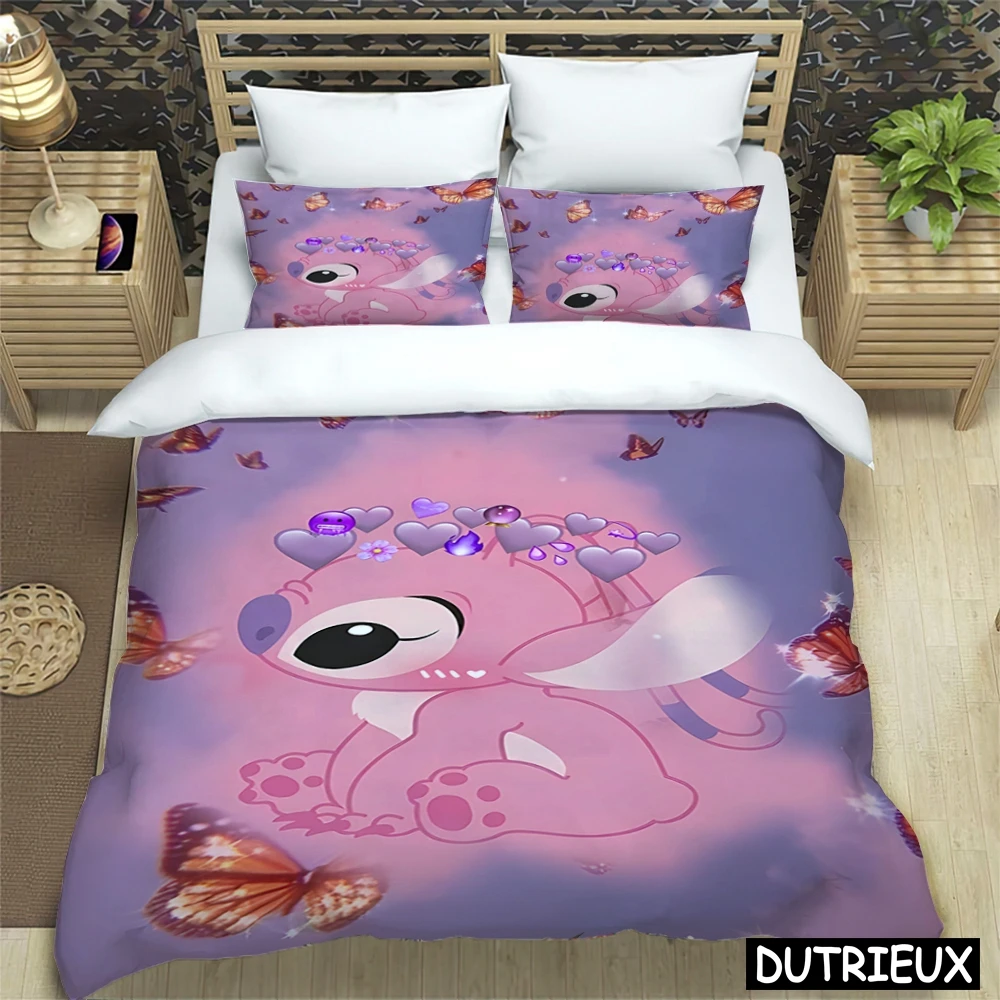 Disney Cartoon Cute Stitch Print Three Piece Bedding Set Cover Set With Pillowcase Children Or Adults King Queen Full Twin Size