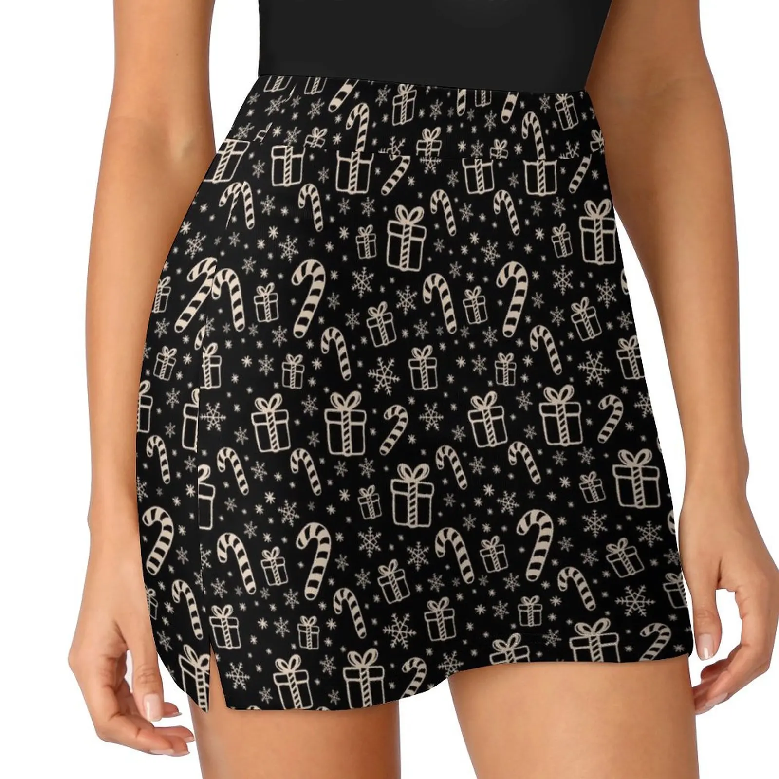 Seamless Christmas pattern with candy canes, gifts and snowflakes black and beige doodle aesthetic Mini Skirt Woman short skirt