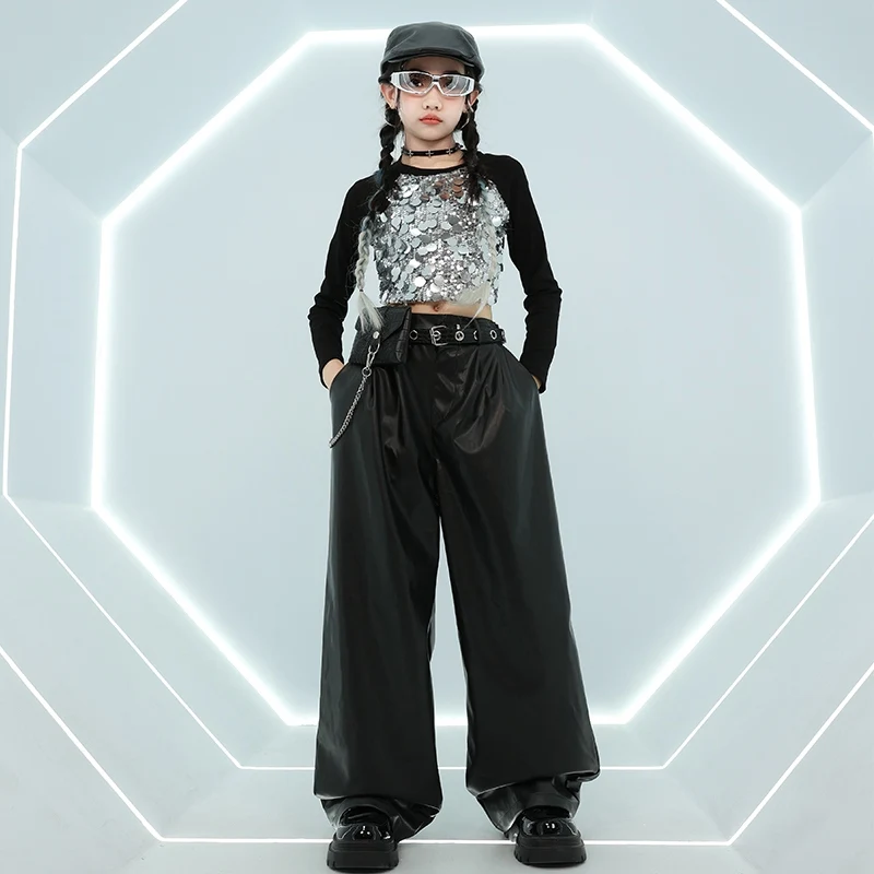 Modern Jazz Dance Costume Girls Sequin Long Sleeves Tops Black Pants For Kids Street Dance Hip Hop Clothing Stage Wear BL13780